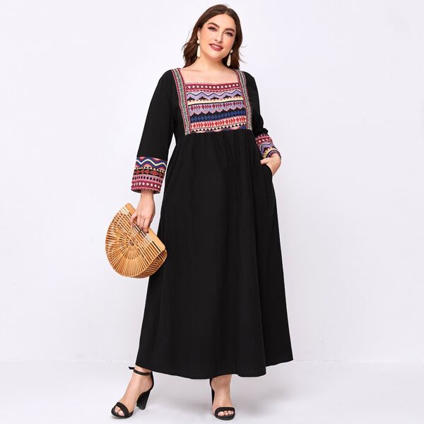 

Plus Geo Pattern Square Neck Smock Dress, Black