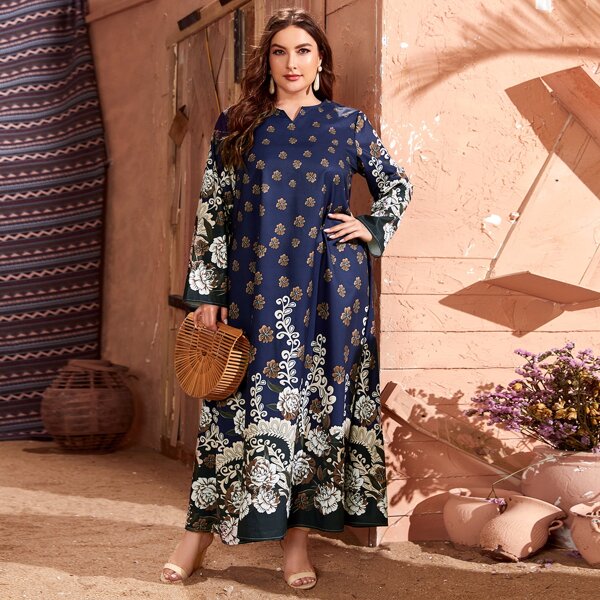 

Plus Floral Print Notch Neck Dress, Navy blue
