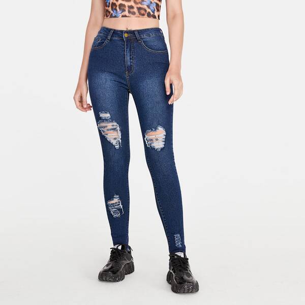 

Ripped Raw Hem Skinny Jeans, Dark wash
