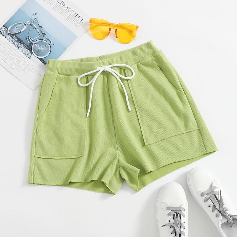 

Slant Pocket Drawstring Waist Knit Shorts, Lime green