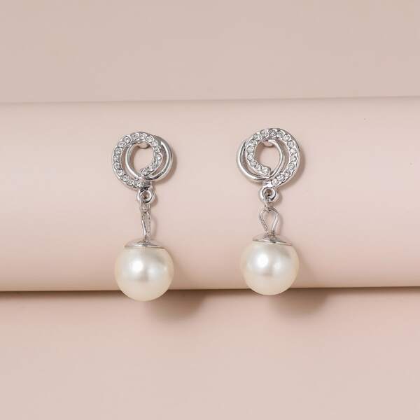 

Rhinestone Inlaid Faux Pearl Drop Earrings, Silver