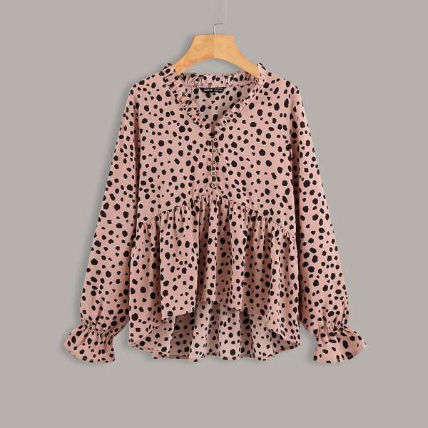 

Dalmatian Print Frill Trim Babydoll Blouse, Dusty pink