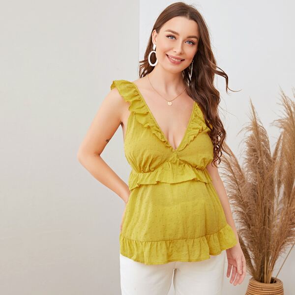 

Maternity Ruffle Trim Swiss Dot Top, Mustard yellow