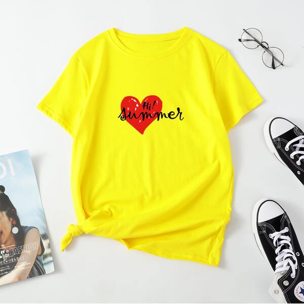 

Letter & Heart Print Tee, Yellow neon