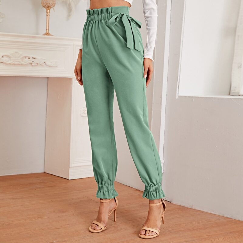 

Paperbag Waist Knotted Tapered Pants, Mint green