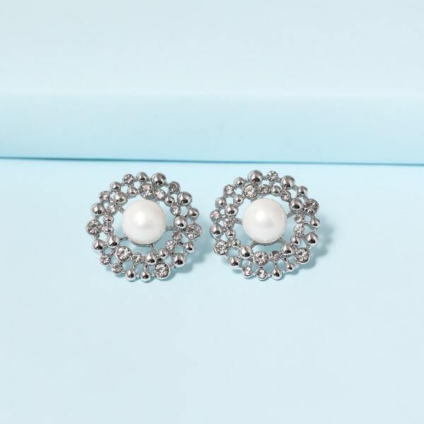 

Faux Pearl Rhinestone Inlaid Stud Earrings, Silver