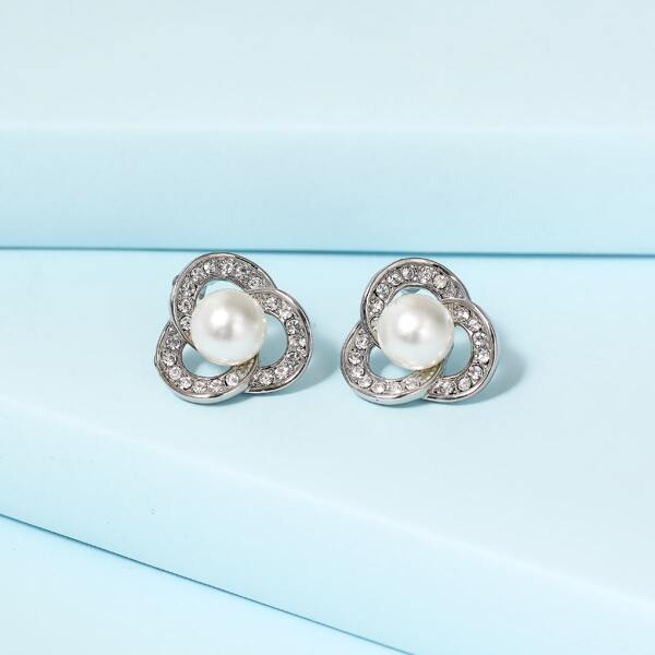 

Faux Pearl Rhinestone Inlaid Stud Earrings, Silver