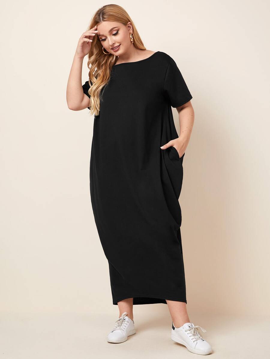 SHEIN Unity 大碼側口袋T恤洋裝 - 黑色 - 查看 1