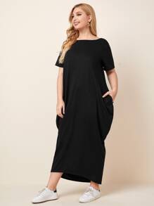 SHEIN Unity 大碼側口袋T恤洋裝 - 黑色 - 查看 3