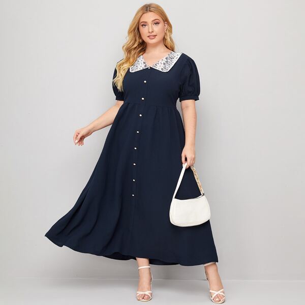 

Plus Contrast Collar Puff Sleeve Shirt Dress, Navy blue