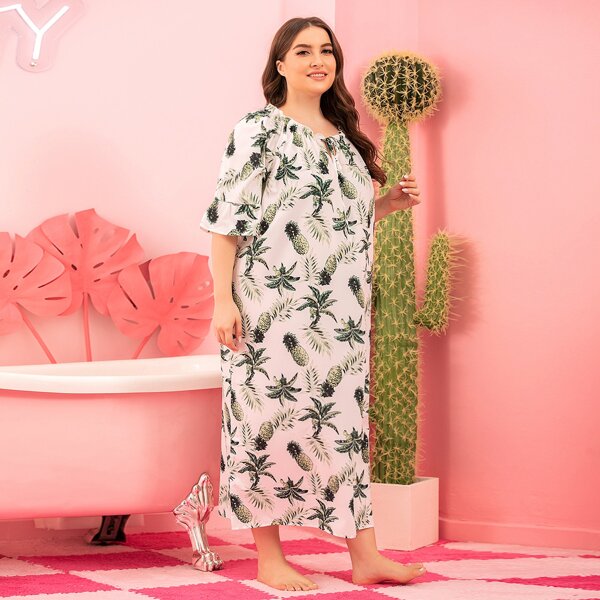 

Plus Pineapple & Tropical Print Tie Neck Nightdress, White
