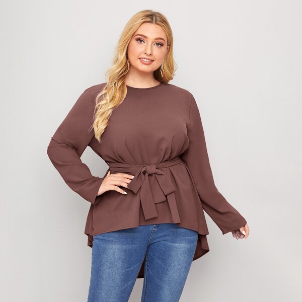 

Plus Solid Belted High Low Hem Blouse, Redwood