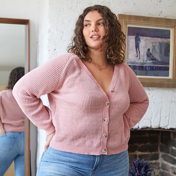 

Plus Button Front Raglan Sleeve Cardigan, Baby pink