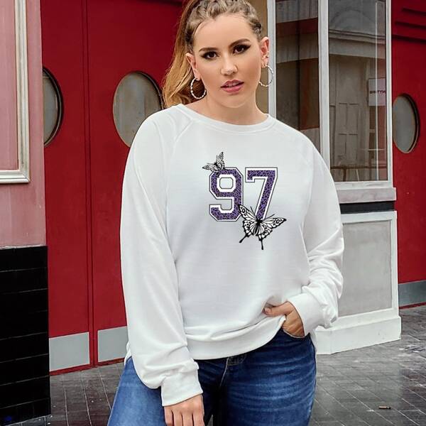 

Plus Butterfly And Number Print Sweatshirt, White