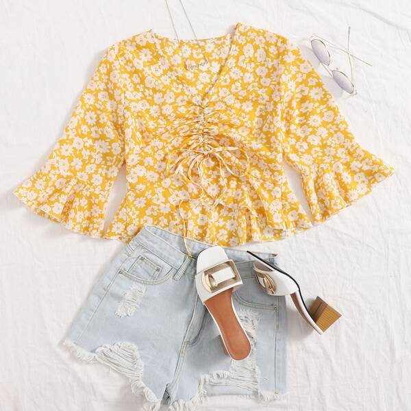 

Allover Floral Drawstring Front Crop Blouse, Yellow