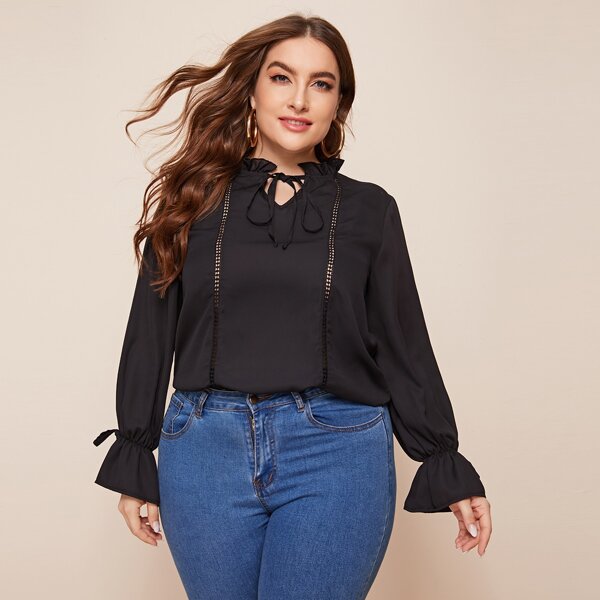 

Plus Solid Tie Neck Flounce Sleeve Blouse, Black