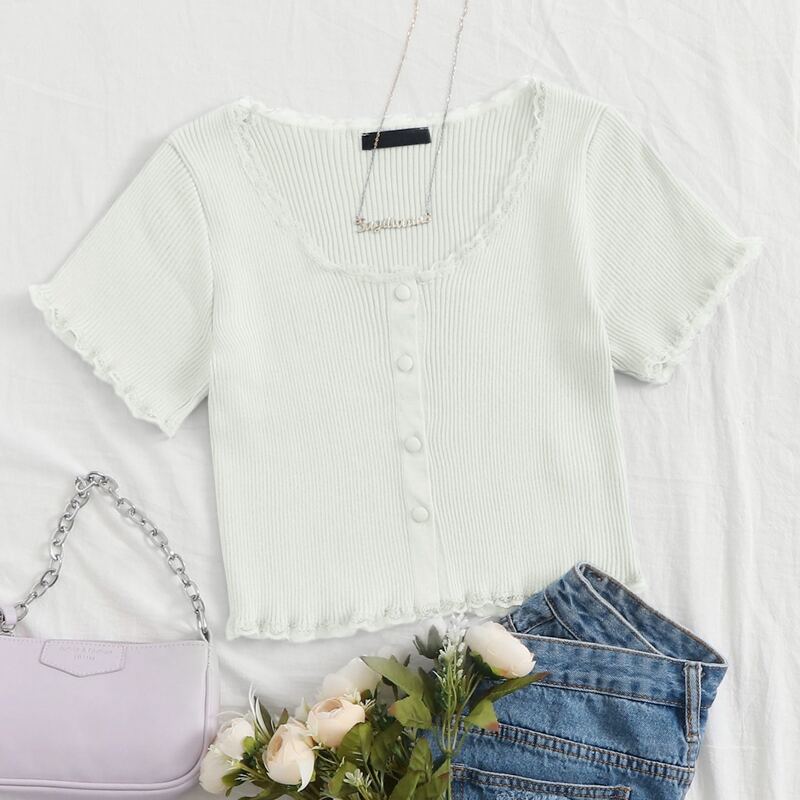 

Button Front Lace Trim Cardigan, White