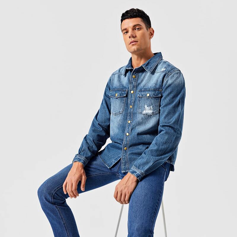 

Guys Flap Pocket Ripped Denim Shirt, Medium wash
