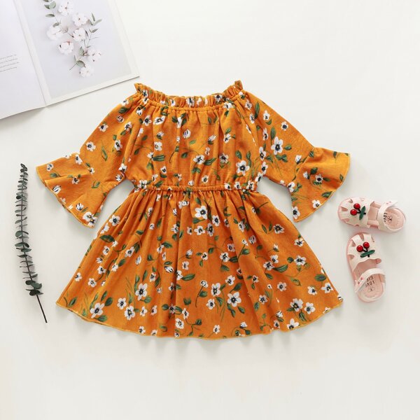 

Toddler Girls Floral Frill Bardot Corduroy Dress, Orange