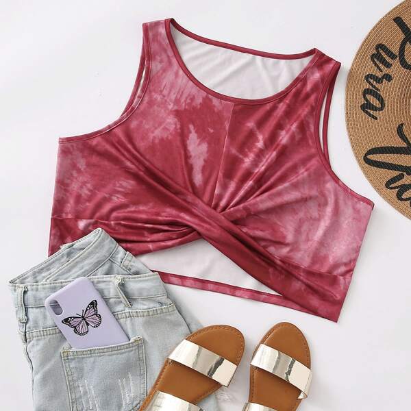 

Plus Tie Dye Twist Front Tank Top, Rose red