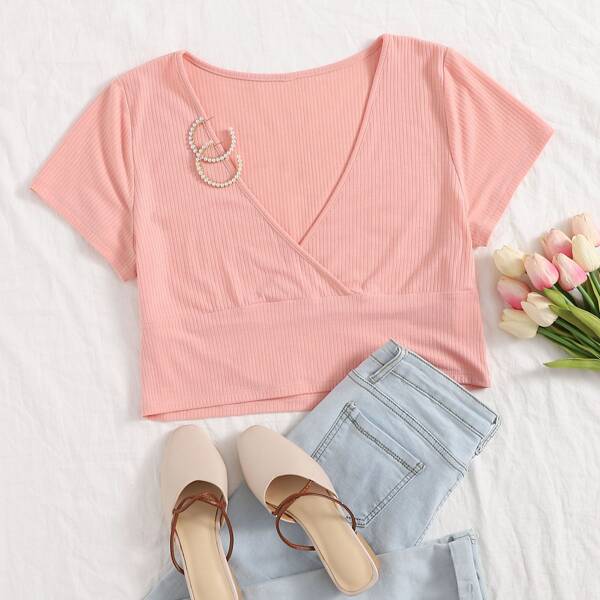 

Plus Solid Rib-knit Crop Tee, Pastel baby pink