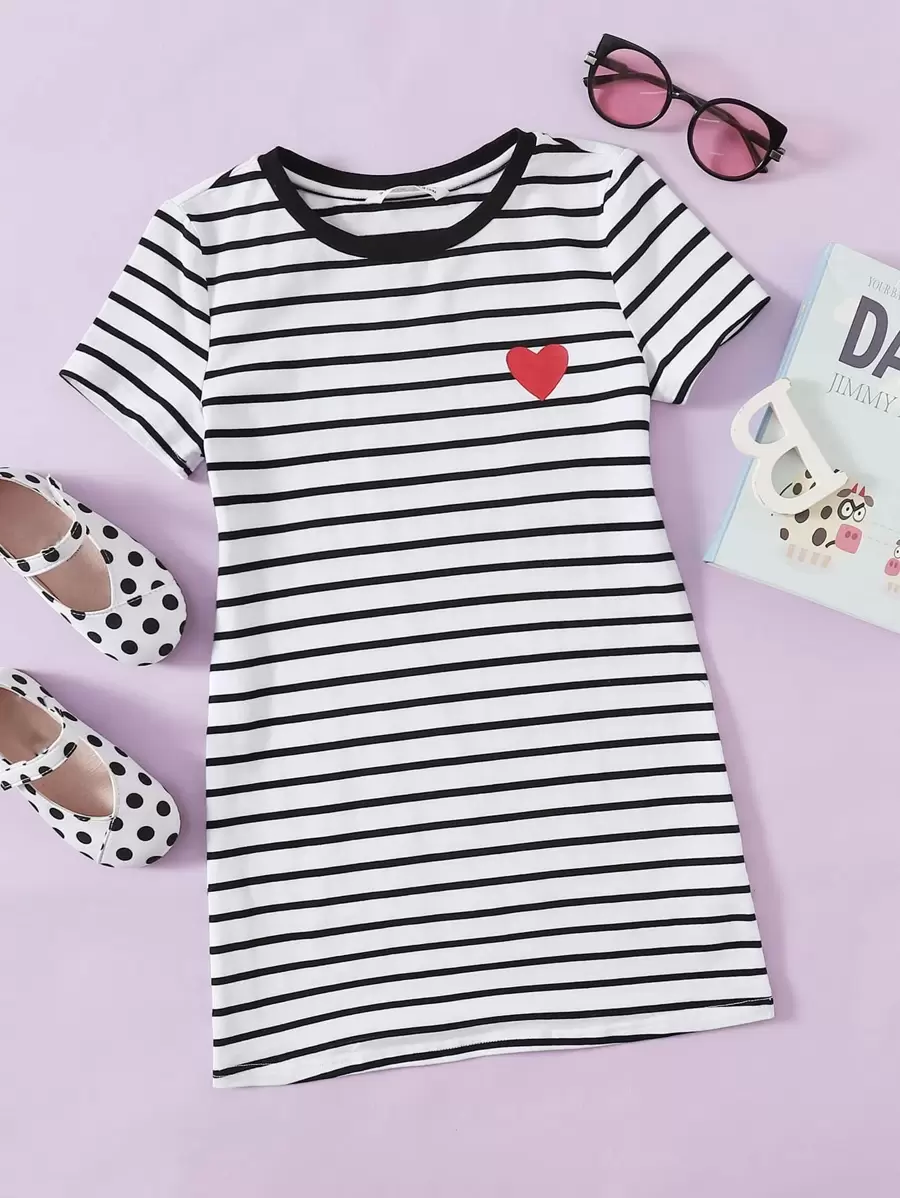 SHEIN Girls Heart Print Striped Dress - White - View 1
