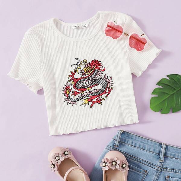 

Girls Chinese Dragon Embroidered Lettuce Trim Top, White