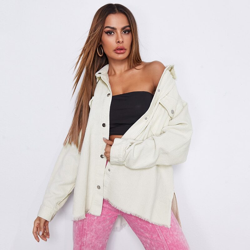 

Solid Raw Hem Corduroy Outerwear, Beige