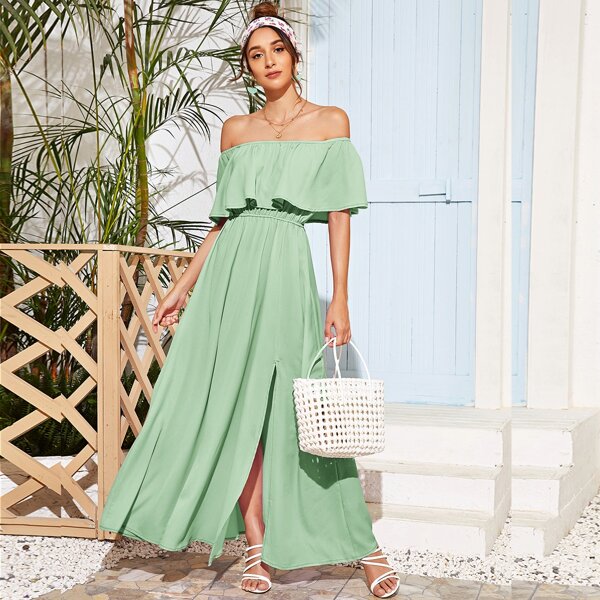 

Solid Split Thigh Foldover Bardot Dress, Lime green