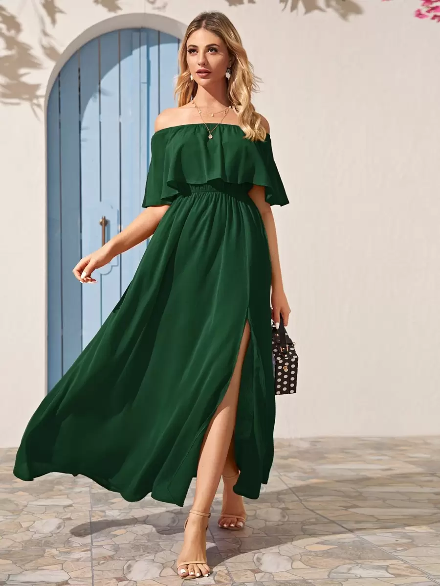 SHEIN VCAY 素色開衩大腿折邊露肩連衣裙 - 墨綠色 - 查看 1