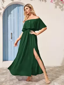 SHEIN VCAY 素色開衩大腿折邊露肩連衣裙 - 墨綠色 - 查看 4