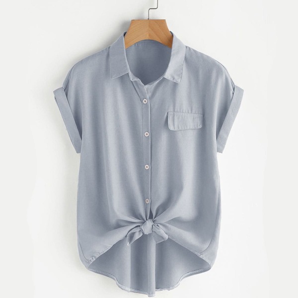 

Plus Curved Hem High Low Blouse, Pastel dusty blue