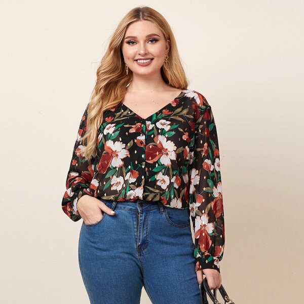 

Plus Floral Print Blouse, Multicolor