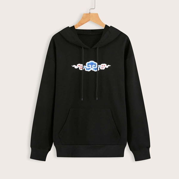 

Cloud Print Drawstring Kangaroo Pocket Hoodie, Black