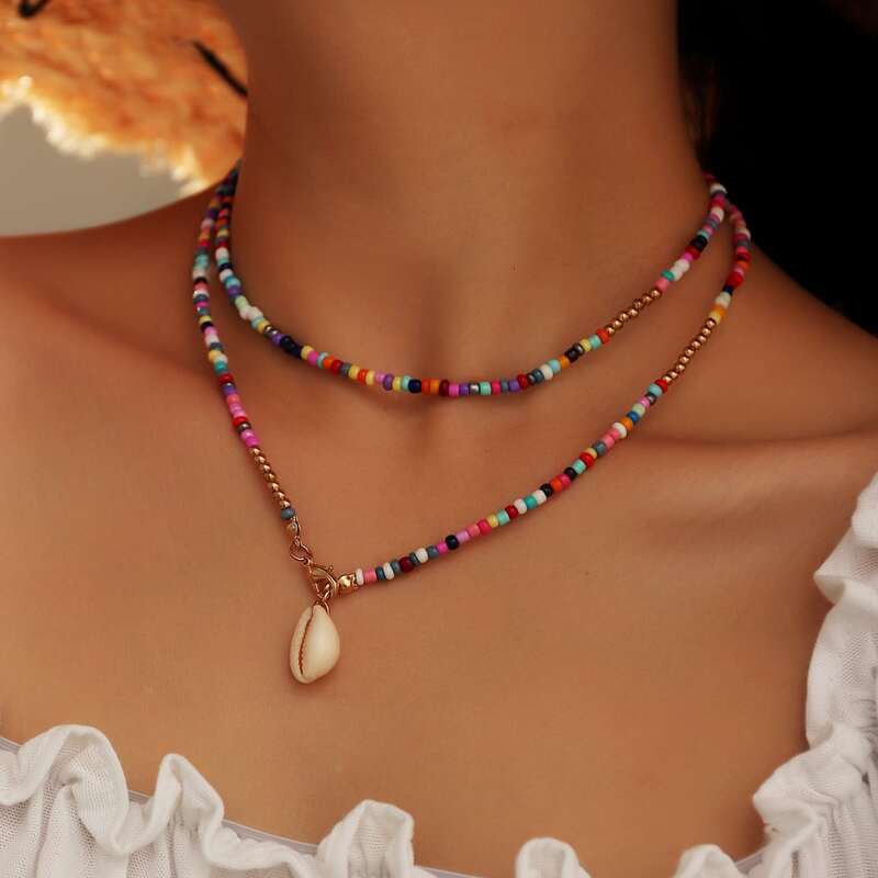 

Shell Charm Beaded Necklace, Multicolor