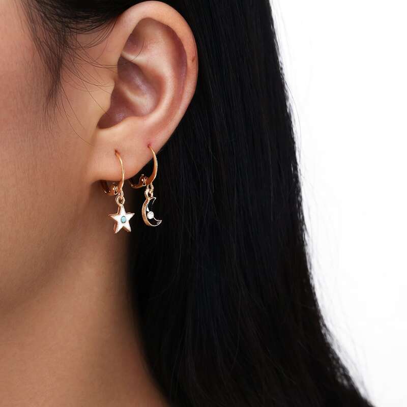 

2pairs Star Round Drop Earrings, Gold