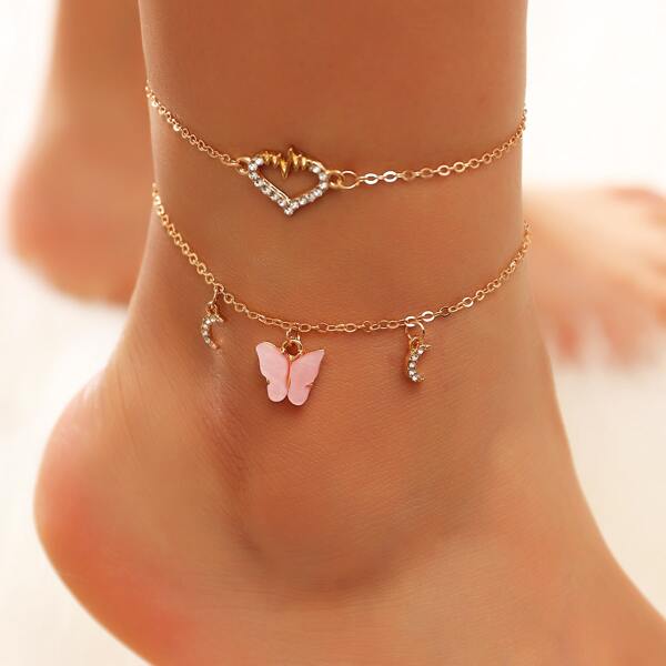 

2pcs Rhinestone Moon Charm Anklet, Pink