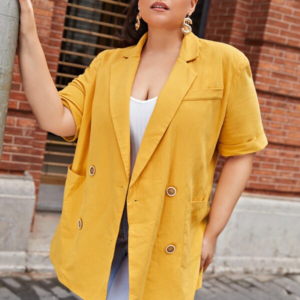 

Plus Double-breasted Pocket Patched Blazer, Mustard yellow