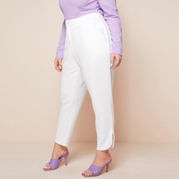 

Plus Split Hem Slant Pocket Pants, White