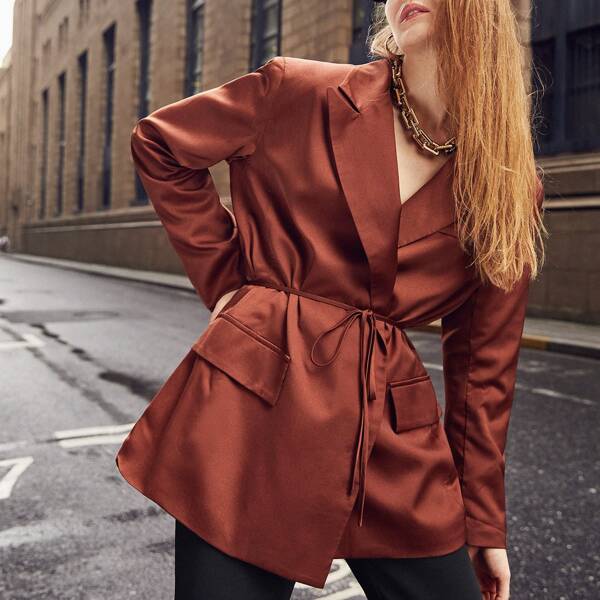

Solid Open Front Belted Blazer, Rust brown
