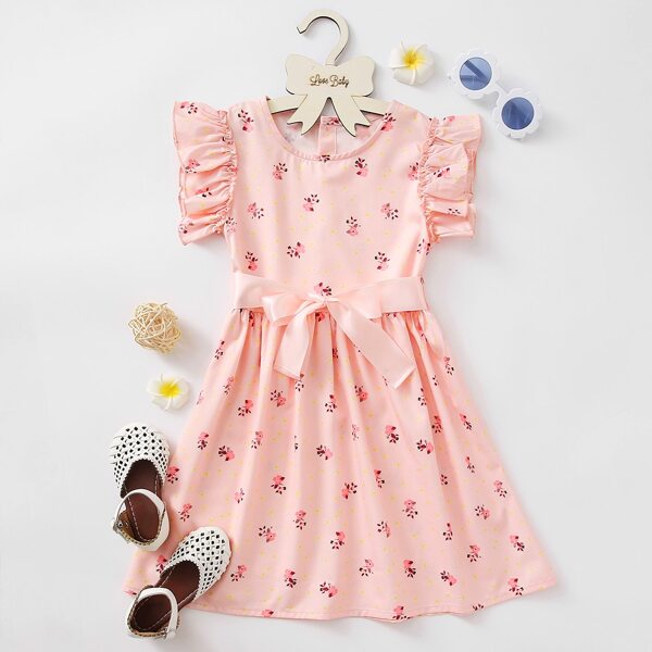 

Toddler Girls Floral Ruffle Trim Belted Dress, Coral pink