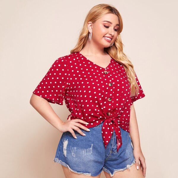 

Plus Button Front Tied Hem Polka Dot Blouse, Red