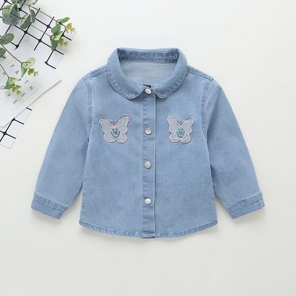 

Toddler Girls Butterfly Embroidery Denim Blouse, Light wash