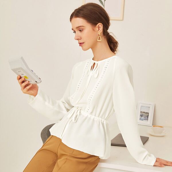 

Guipure Lace Tie Neck Blouse, White