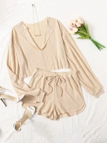 Muchica Bộ thời trang Thắt nút màu trơn Màu be Giải trí - Màu be - Xem 1