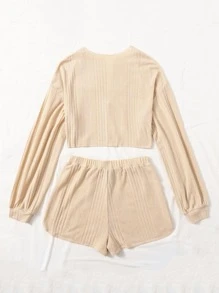 Muchica Bộ thời trang Thắt nút màu trơn Màu be Giải trí - Màu be - Xem 2