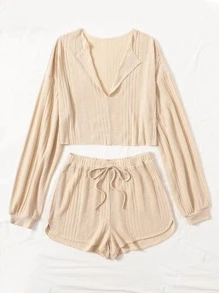 Muchica Bộ thời trang Thắt nút màu trơn Màu be Giải trí - Màu be - Xem 3