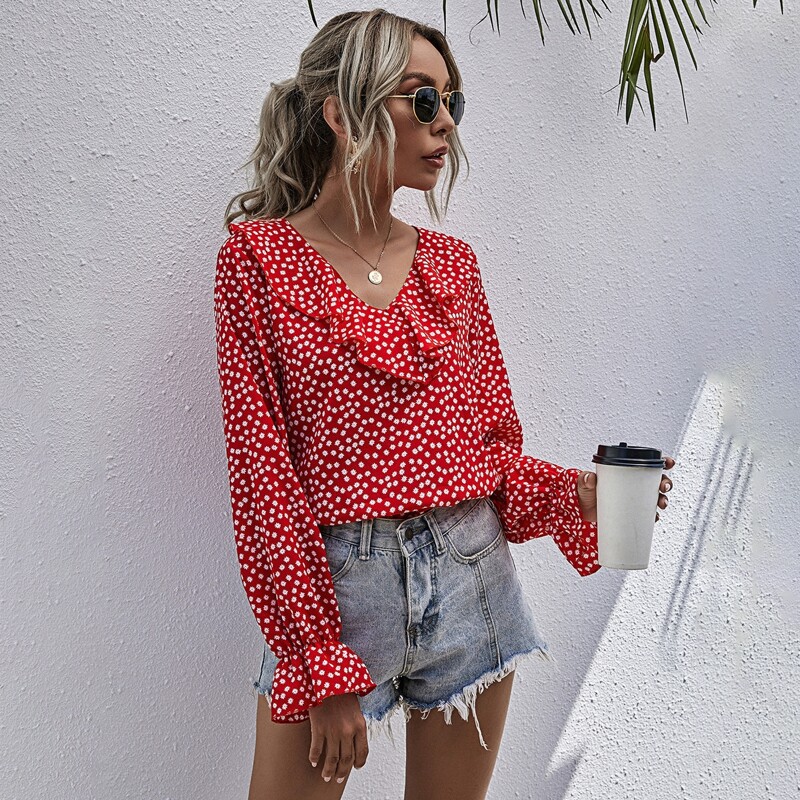 

Ditsy Floral Ruffle Trim Blouse, Red