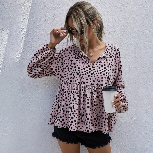 

Tie Neck Allover Print Peplum Blouse, Dusty pink