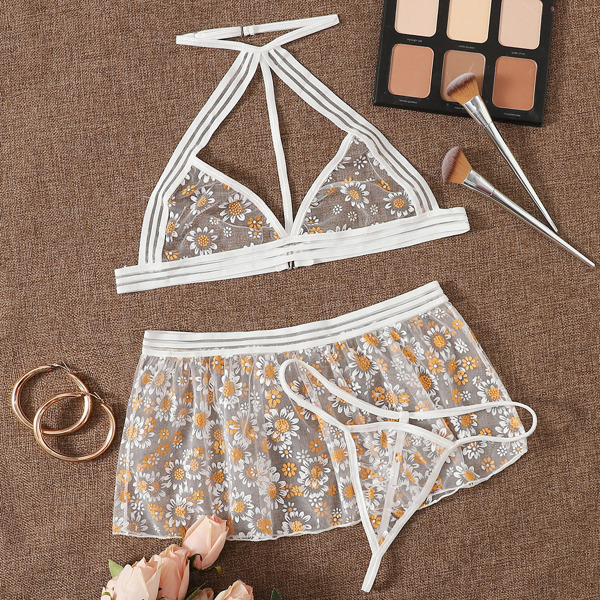 

Floral Mesh Lingerie Set & Skirt & Choker, White